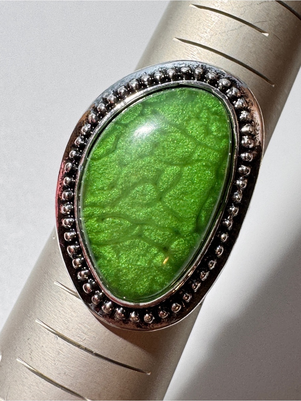 Silver tone Green Stone Statement Ring - Vibrant Green